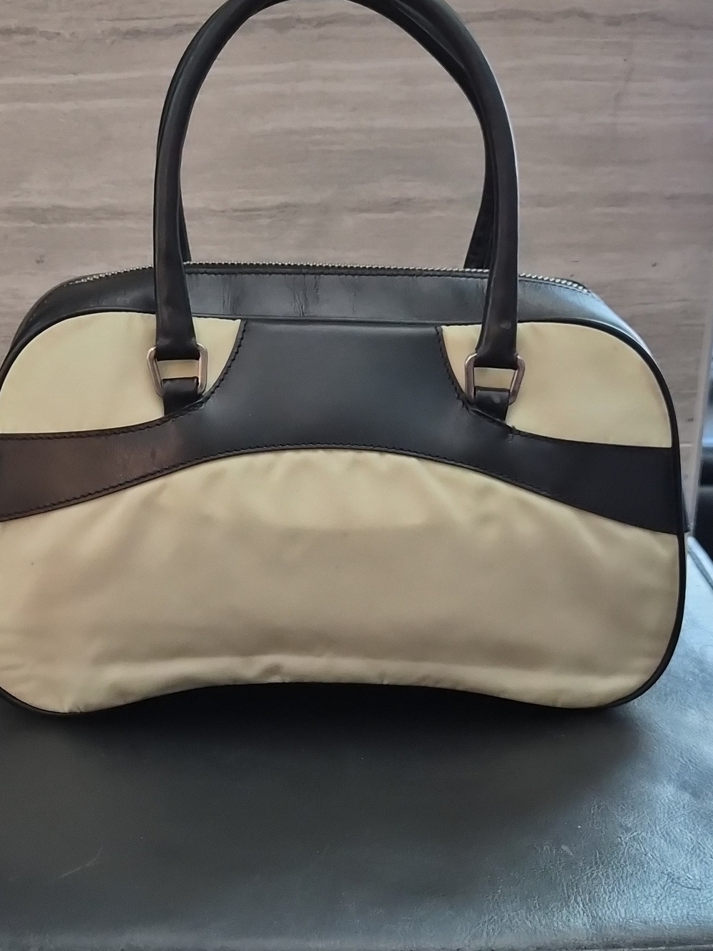 Prada Vintage Nylon Leather Wave Boston Bag Beige Dark Brown Bowling Satchel